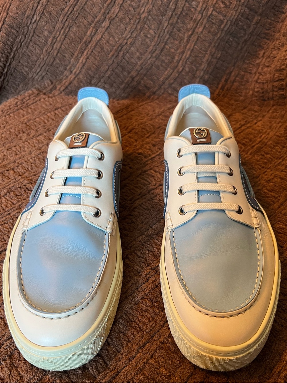 Gucci Blue and Beige Leather Boat Shoe Sneakers
